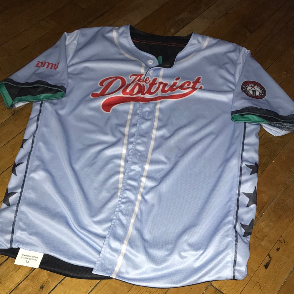 Washington Wizards The District Men's Light Blue Baseball Jersey with Red Script